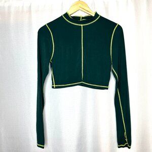Buff Bunny Cropped Mock Neck Green Long Sleeve Top, Medium Lime Stitching Soft
